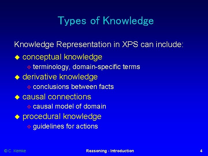 Types of Knowledge Representation in XPS can include: conceptual knowledge derivative knowledge conclusions between
