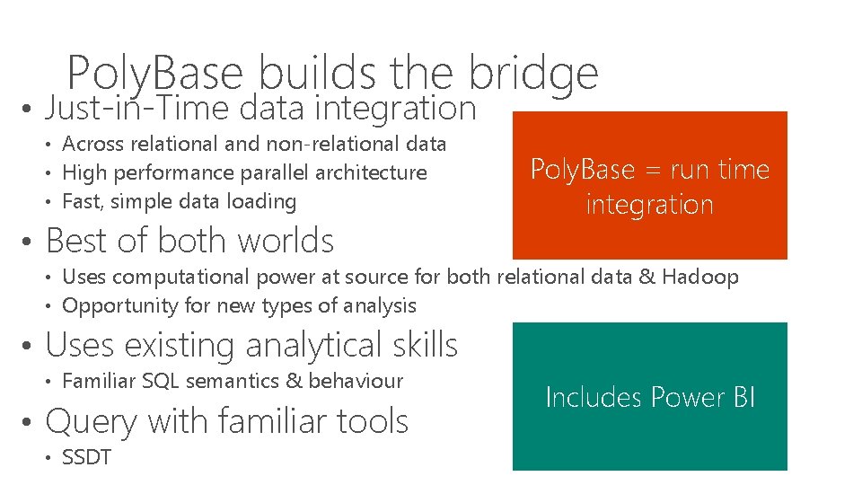 Poly. Base builds the bridge • Just-in-Time data integration • Across relational and non-relational