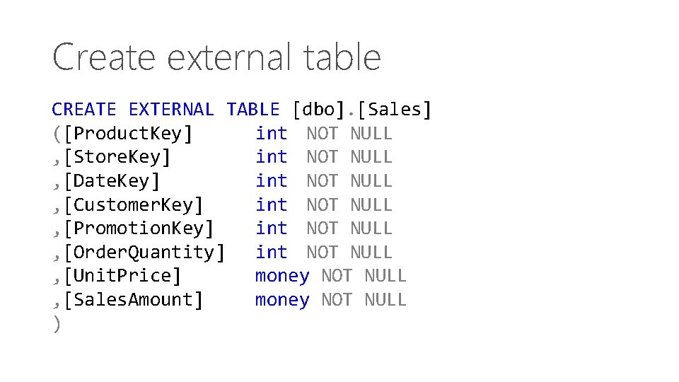 Create external table CREATE EXTERNAL TABLE [dbo]. [Sales] ([Product. Key] int NOT NULL ,