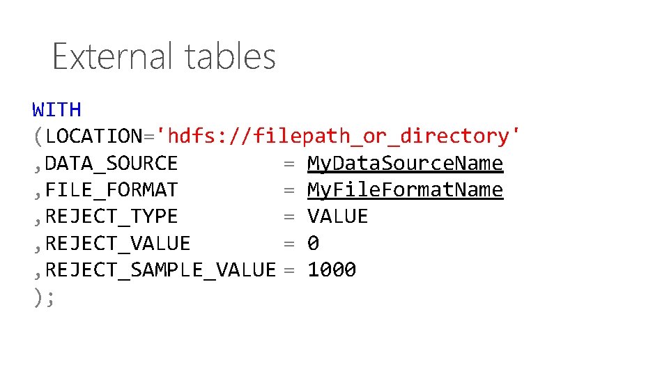 External tables WITH (LOCATION='hdfs: //filepath_or_directory' , DATA_SOURCE = My. Data. Source. Name , FILE_FORMAT