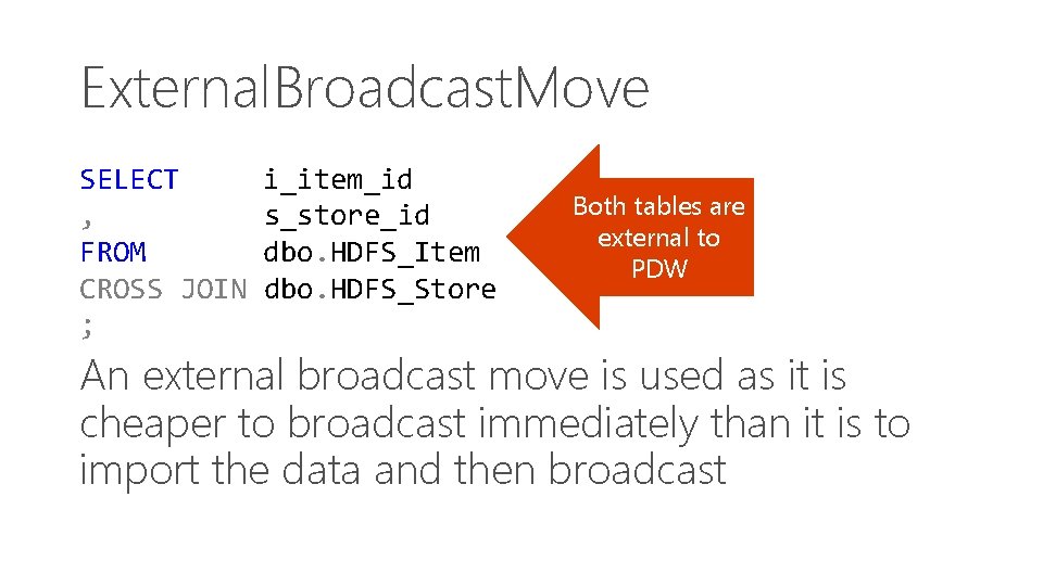 External. Broadcast. Move SELECT , FROM CROSS JOIN ; i_item_id s_store_id dbo. HDFS_Item dbo.