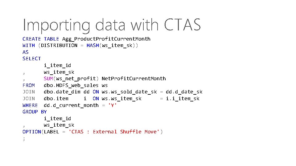 Importing data with CTAS CREATE TABLE Agg_Product. Profit. Current. Month WITH (DISTRIBUTION = HASH(ws_item_sk))