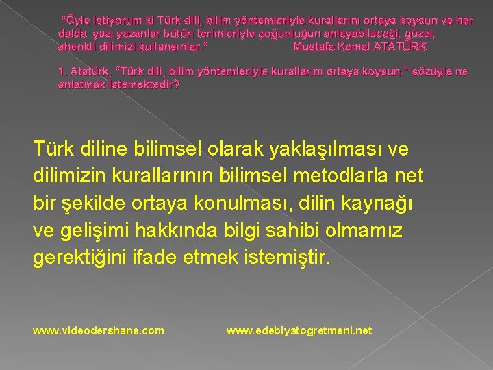 “Öyle istiyorum ki Türk dili, bilim yöntemleriyle kurallarını ortaya koysun ve her dalda yazı