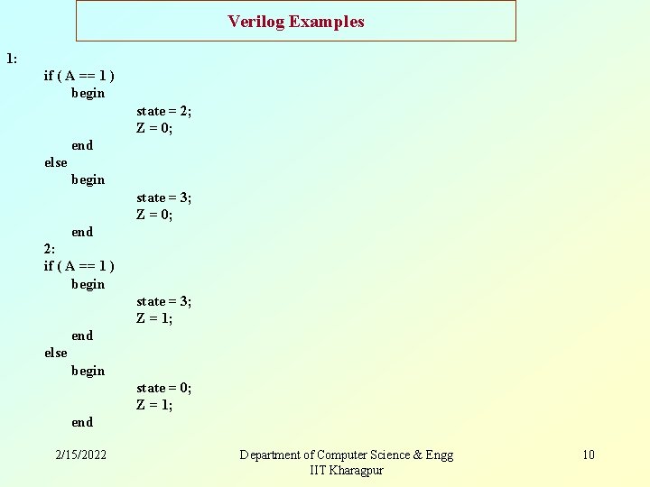 Verilog Examples 1: if ( A == 1 ) begin state = 2; Z