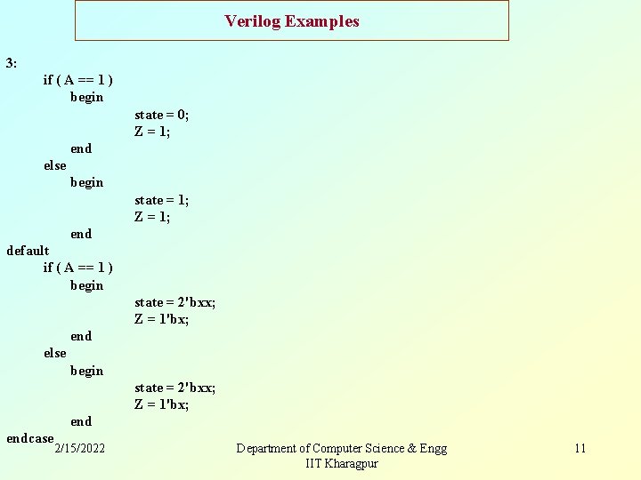 Verilog Examples 3: if ( A == 1 ) begin state = 0; Z