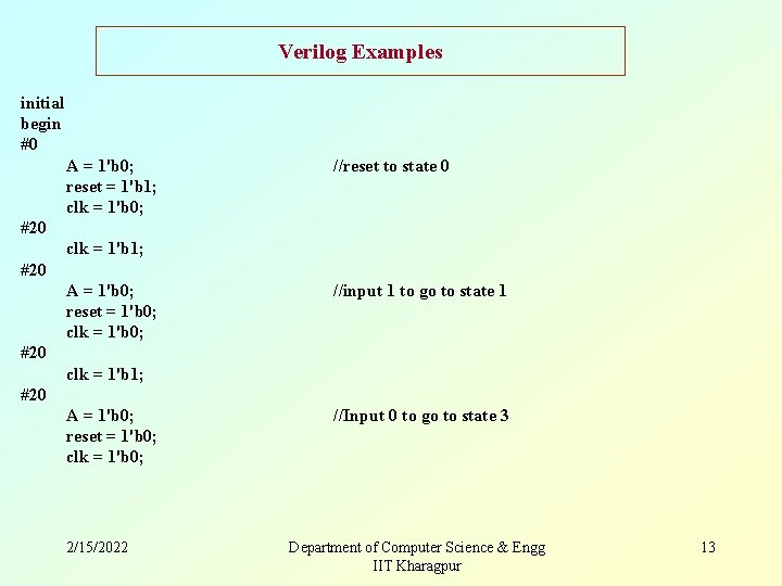 Verilog Examples initial begin #0 A = 1'b 0; reset = 1'b 1; clk