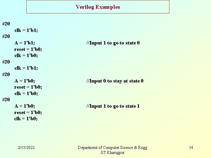 Verilog Examples #20 clk = 1'b 1; #20 A = 1'b 1; reset =