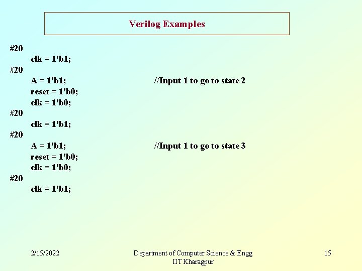 Verilog Examples #20 clk = 1'b 1; #20 A = 1'b 1; reset =
