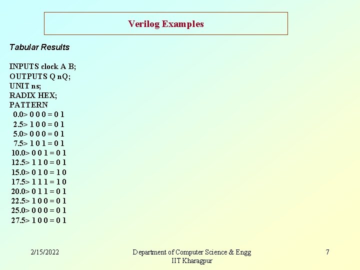 Verilog Examples Tabular Results INPUTS clock A B; OUTPUTS Q n. Q; UNIT ns;