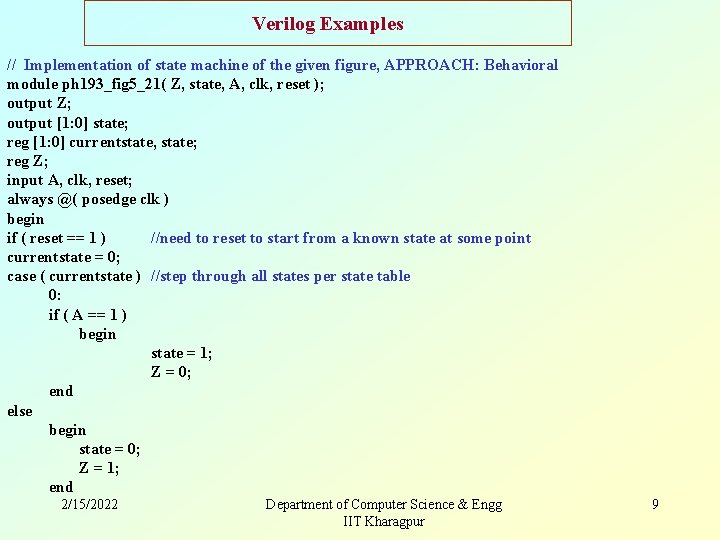 Verilog Examples // Implementation of state machine of the given figure, APPROACH: Behavioral module