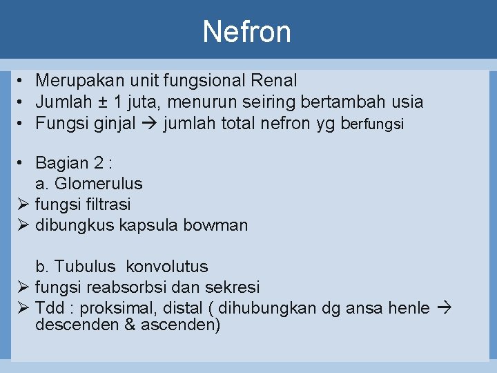Nefron • Merupakan unit fungsional Renal • Jumlah ± 1 juta, menurun seiring bertambah