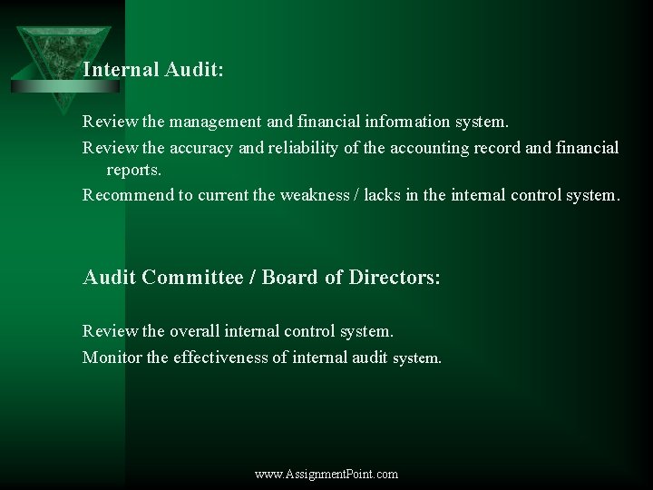 Internal Audit: Review the management and financial information system. Review the accuracy and reliability