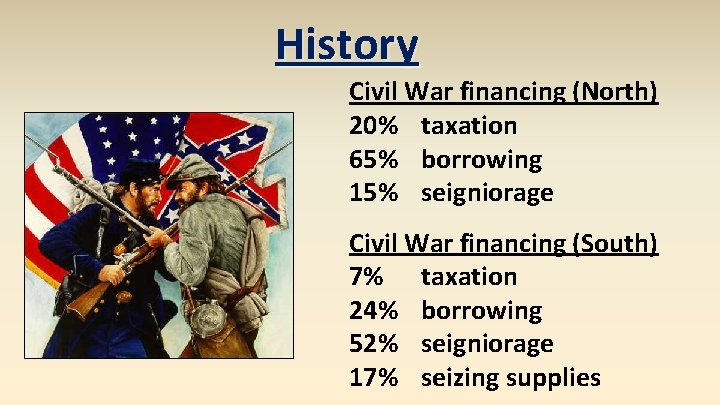 History Civil War financing (North) 20% taxation 65% borrowing 15% seigniorage Civil War financing