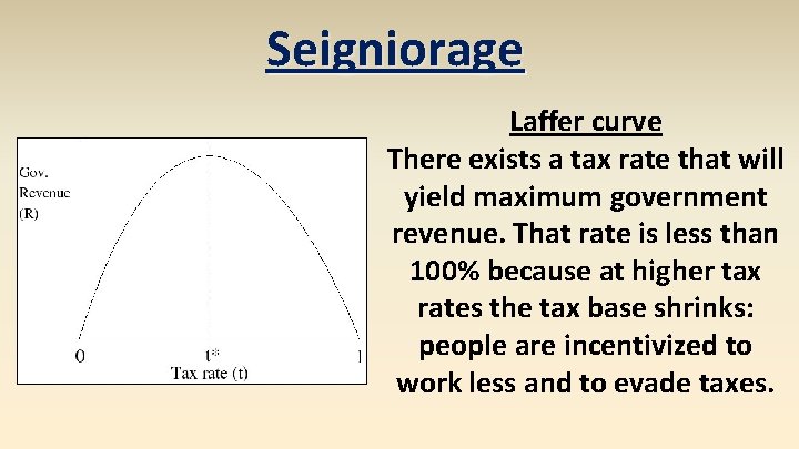 Seigniorage Laffer curve There exists a tax rate that will yield maximum government revenue.