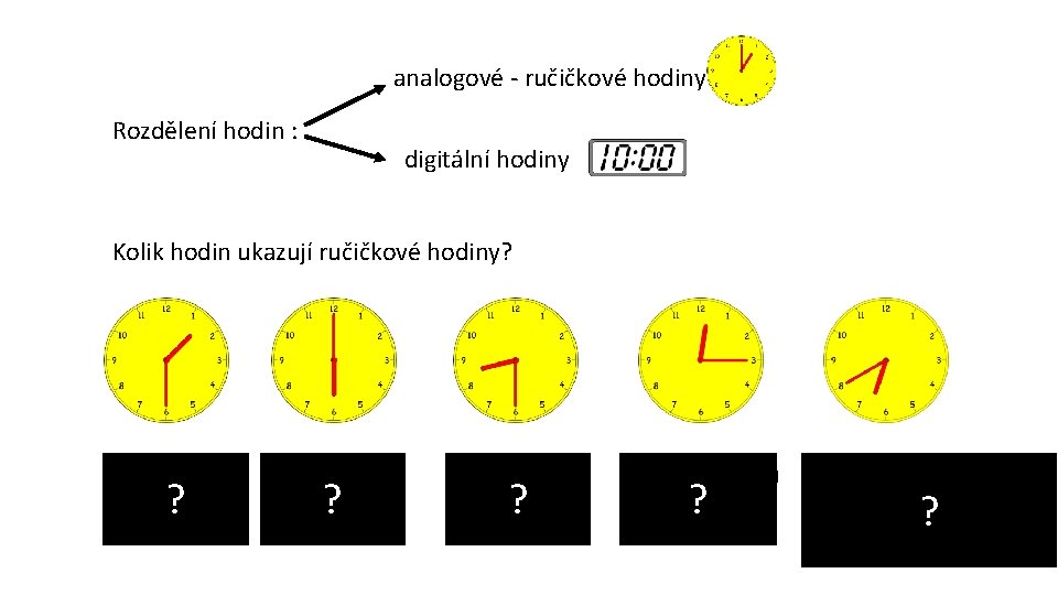 analogové - ručičkové hodiny Rozdělení hodin : digitální hodiny Kolik hodin ukazují ručičkové hodiny?