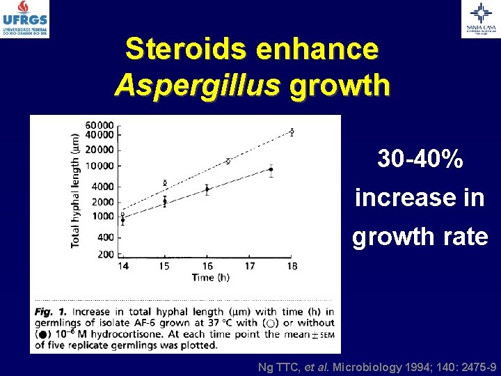 Steroids enhance Aspergillus growth 30 -40% increase in growth rate Ng TTC, et al.