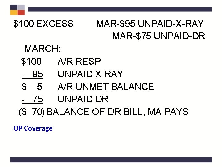 $100 EXCESS MAR-$95 UNPAID-X-RAY MAR-$75 UNPAID-DR MARCH: $100 A/R RESP - 95 UNPAID X-RAY