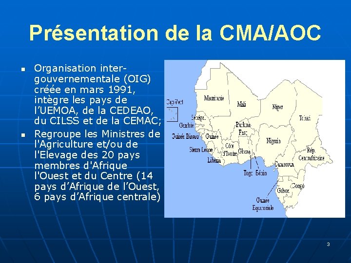 Présentation de la CMA/AOC n n Organisation intergouvernementale (OIG) créée en mars 1991, intègre