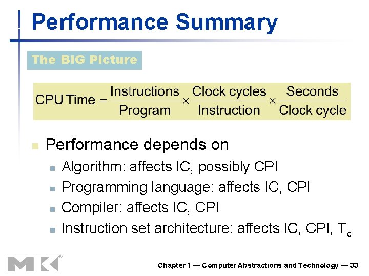 Performance Summary The BIG Picture n Performance depends on n n Algorithm: affects IC,