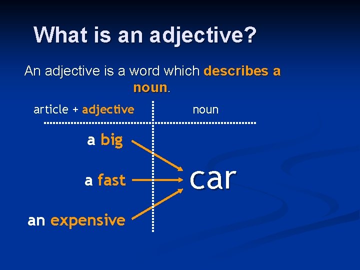 What is an adjective? An adjective is a word which describes a noun. article What is an adjective? An adjective is a word which describes a noun. article