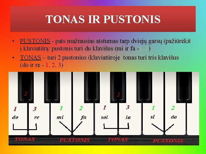 TONAS IR PUSTONIS • PUSTONIS - pats mažiausias atstumas tarp dviejų garsų (pažiūrėkit į