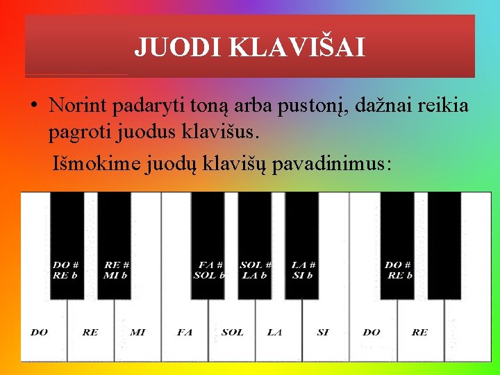 JUODI KLAVIŠAI • Norint padaryti toną arba pustonį, dažnai reikia pagroti juodus klavišus. Išmokime