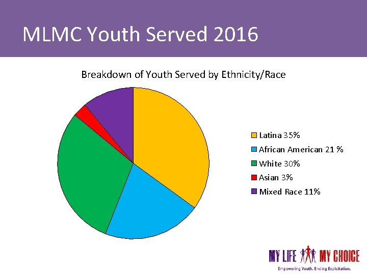 MLMC Youth Served 2016 Breakdown of Youth Served by Ethnicity/Race Latina 35% African American MLMC Youth Served 2016 Breakdown of Youth Served by Ethnicity/Race Latina 35% African American