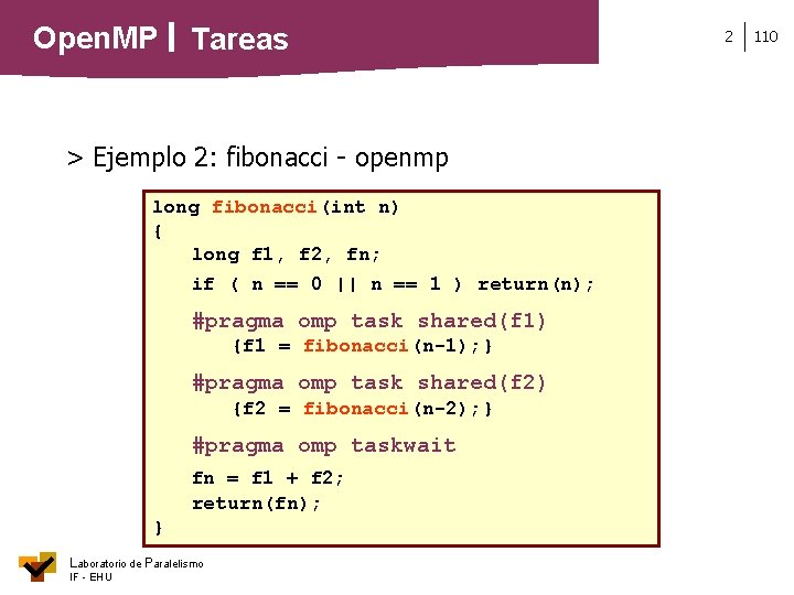 Open. MP Tareas > Ejemplo 2: fibonacci - openmp long fibonacci(int n) { long