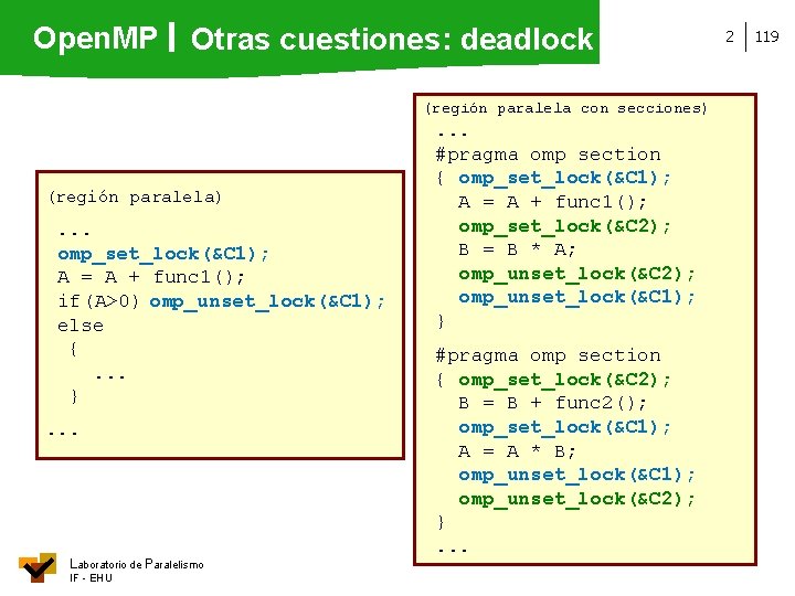 Open. MP Otras cuestiones: deadlock (región paralela con secciones) (región paralela) . . .