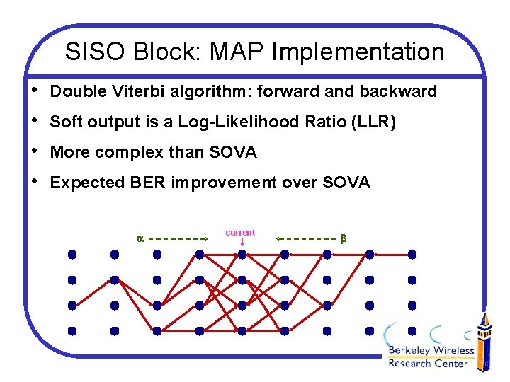 SISO Block: MAP Implementation • • Double Viterbi algorithm: forward and backward Soft output