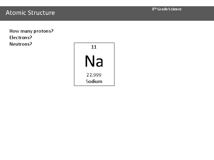 8 th Grade Science Atomic Structure How many protons? Electrons? Neutrons? 11 Na 22.