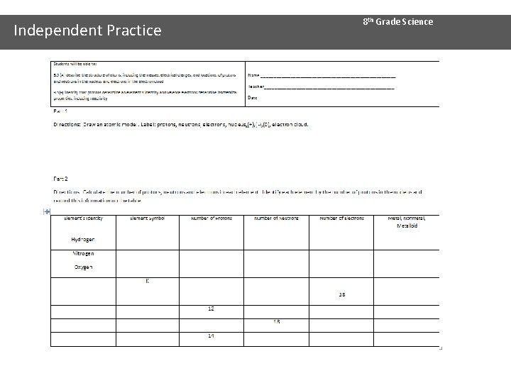 Independent Practice 8 th Grade Science 