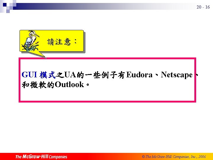 20 - 16 請注意： GUI 模式之UA的一些例子有Eudora、Netscape、 和微軟的Outlook。 © The Mc. Graw-Hill Companies, Inc. ,