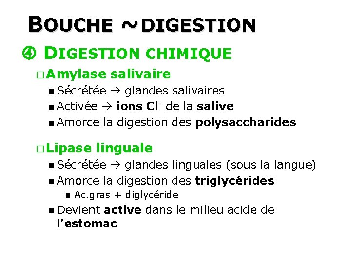 BOUCHE ~ DIGESTION 34 DIGESTION CHIMIQUE � Amylase salivaire Sécrétée glandes salivaires Activée ions