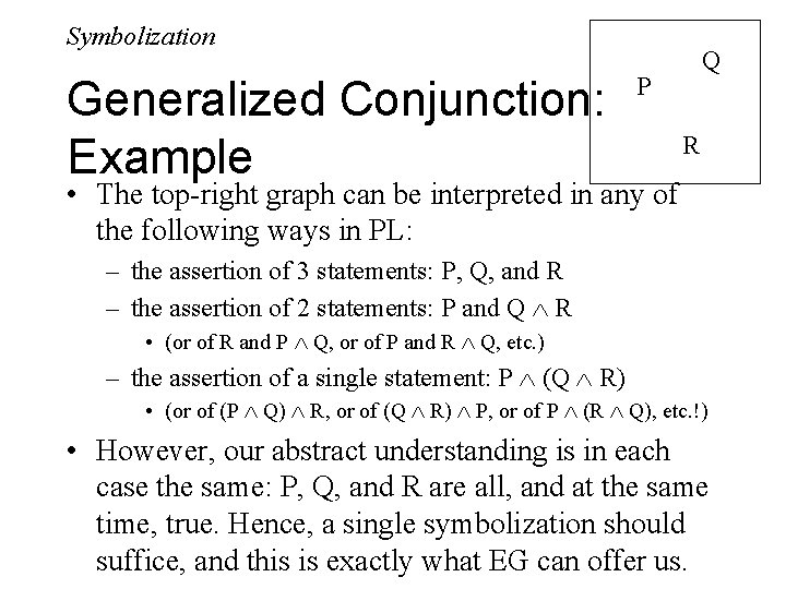 Symbolization Generalized Conjunction: Example Q P R • The top-right graph can be interpreted