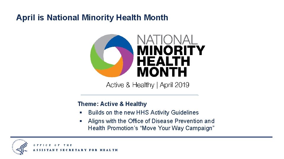 April is National Minority Health Month Theme: Active & Healthy § Builds on the