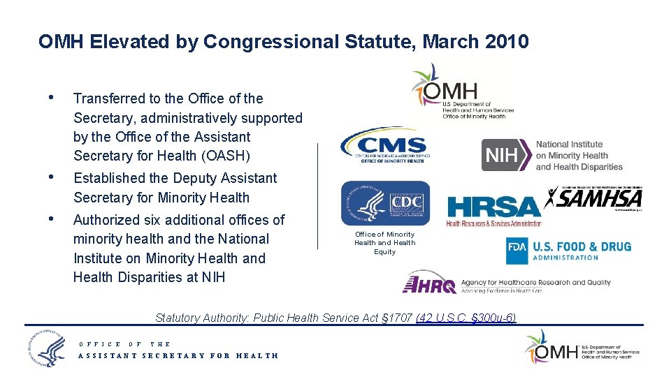 OMH Elevated by Congressional Statute, March 2010 • Transferred to the Office of the