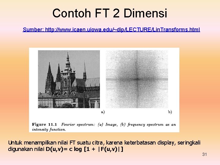 Contoh FT 2 Dimensi Sumber: http: //www. icaen. uiowa. edu/~dip/LECTURE/Lin. Transforms. html Untuk menampilkan