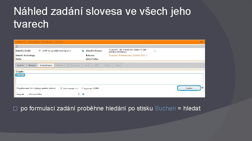 Náhled zadání slovesa ve všech jeho tvarech � po formulaci zadání proběhne hledání po