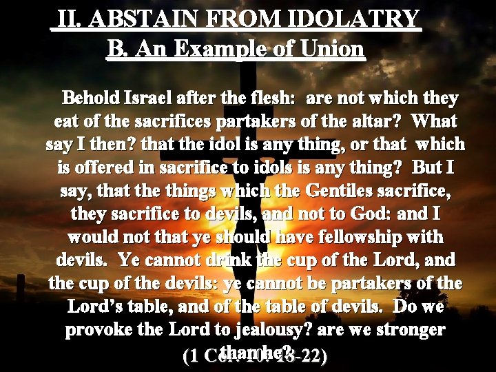 II. ABSTAIN FROM IDOLATRY B. An Example of Union Behold Israel after the flesh: