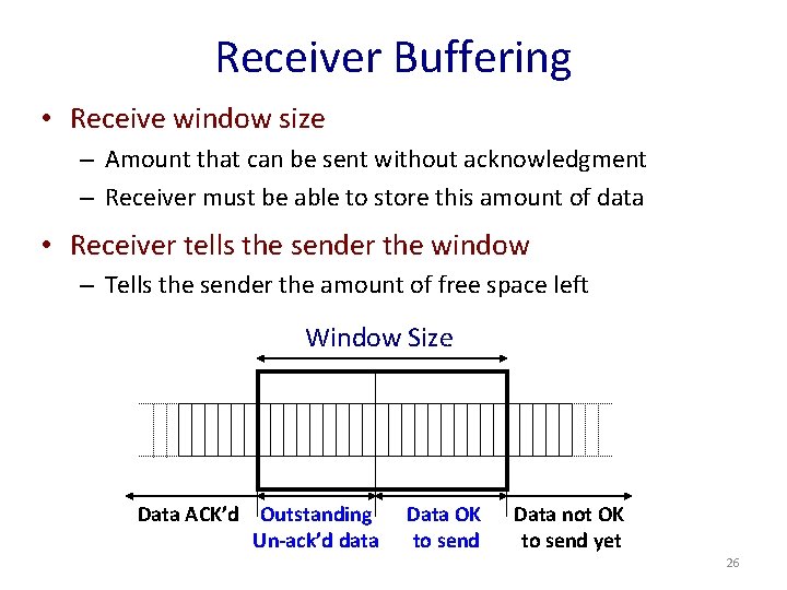 Receiver Buffering • Receive window size – Amount that can be sent without acknowledgment