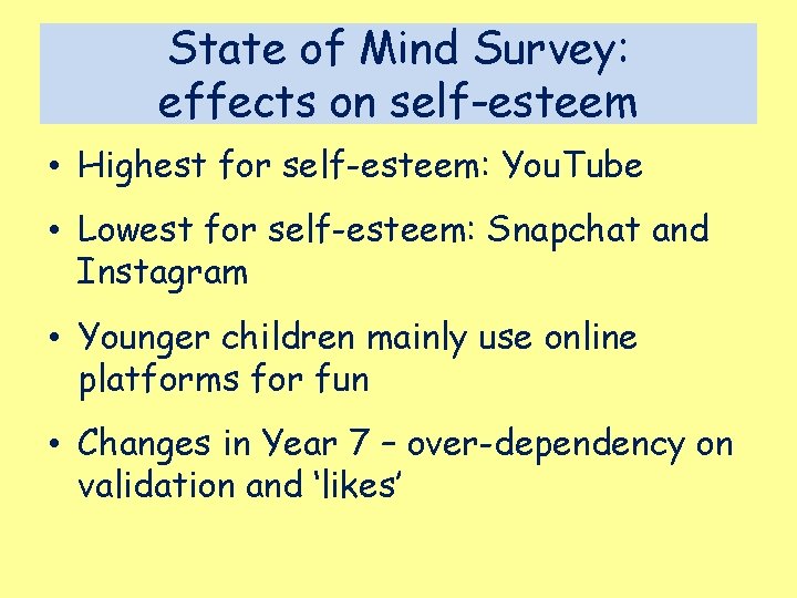 State of Mind Survey: effects on self-esteem • Highest for self-esteem: You. Tube • State of Mind Survey: effects on self-esteem • Highest for self-esteem: You. Tube •