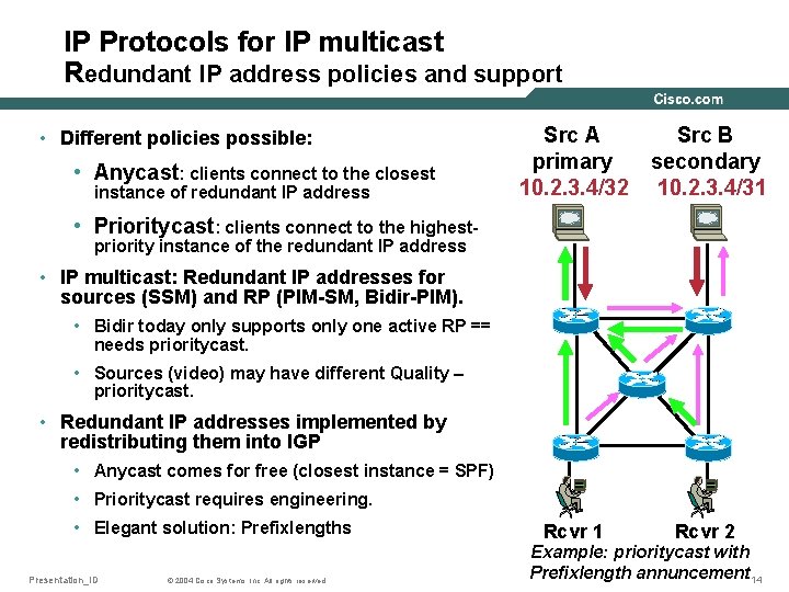 IP Protocols for IP multicast Redundant IP address policies and support • Different policies