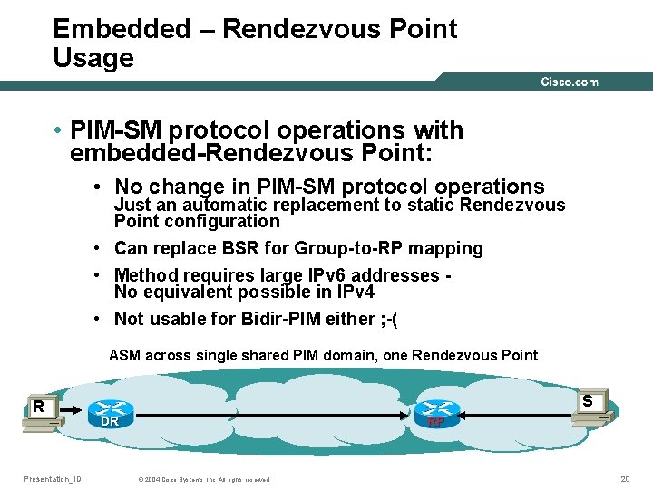 Embedded – Rendezvous Point Usage • PIM-SM protocol operations with embedded-Rendezvous Point: • No