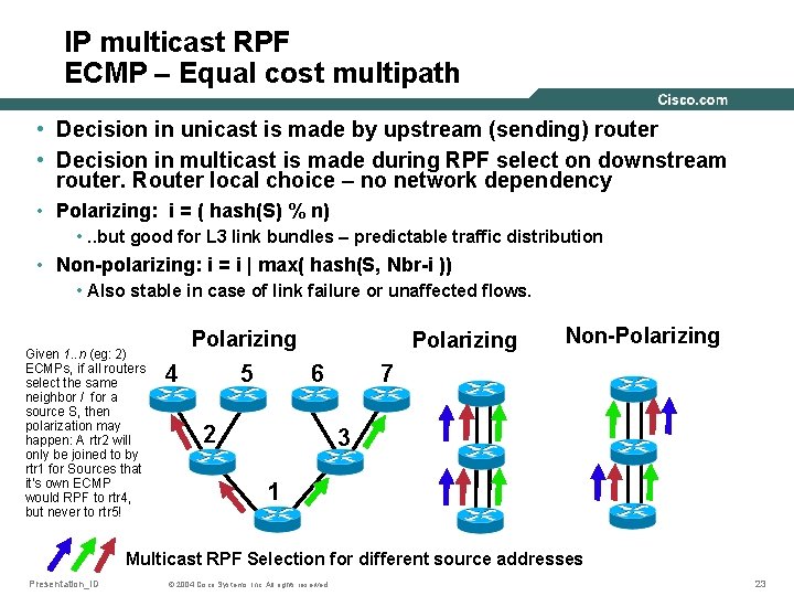 IP multicast RPF ECMP – Equal cost multipath • Decision in unicast is made