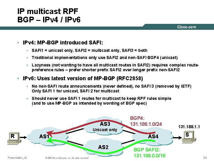 IP multicast RPF BGP – IPv 4 / IPv 6 • IPv 4: MP-BGP