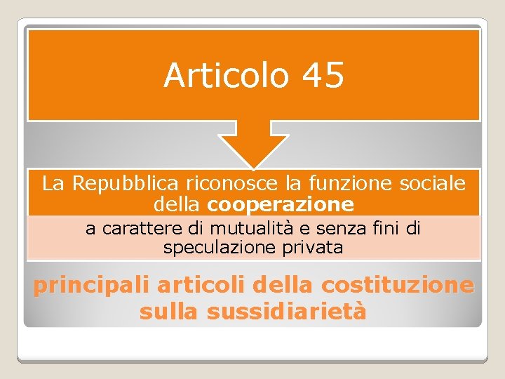 Articolo 45 La Repubblica riconosce la funzione sociale della cooperazione a carattere di mutualità