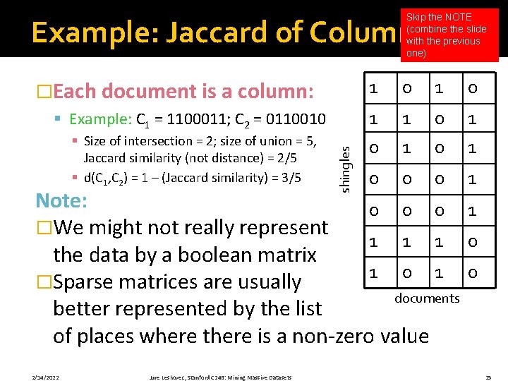 Skip the NOTE (combine the slide with the previous one) Example: Jaccard of Columns