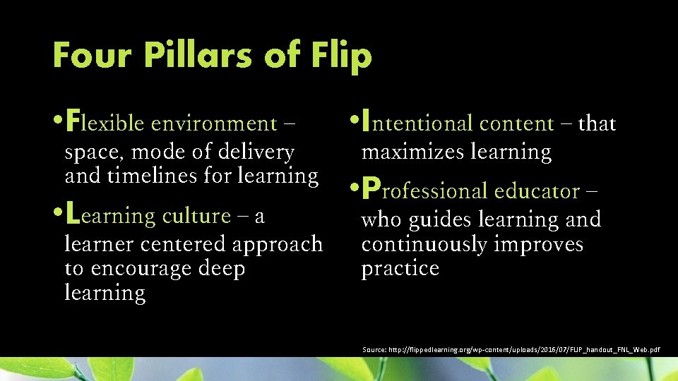 Four Pillars of Flip • Flexible environment – space, mode of delivery and timelines