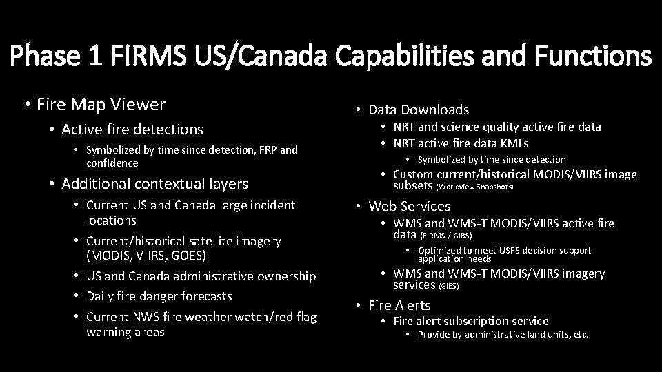 Phase 1 FIRMS US/Canada Capabilities and Functions • Fire Map Viewer • Active fire